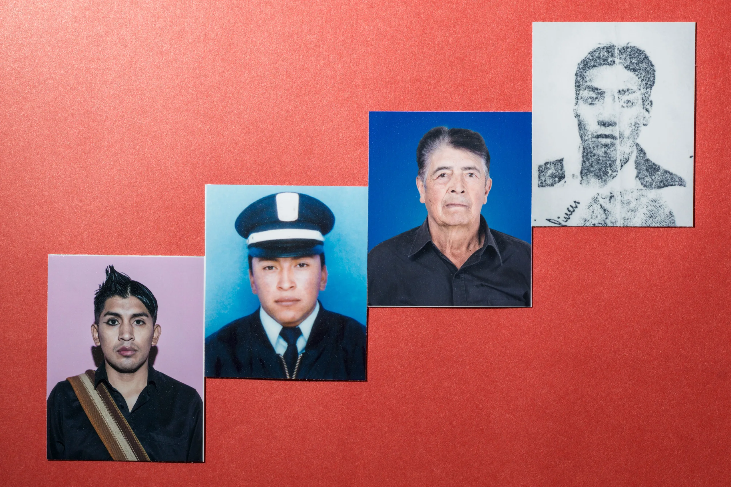 Collage compuesto por fotografías —de derecha a izquierda— de mi bisabuelo paterno, mi abuelo, mi padre biológico y yo mismo. Foto: Nicolás Bernal.