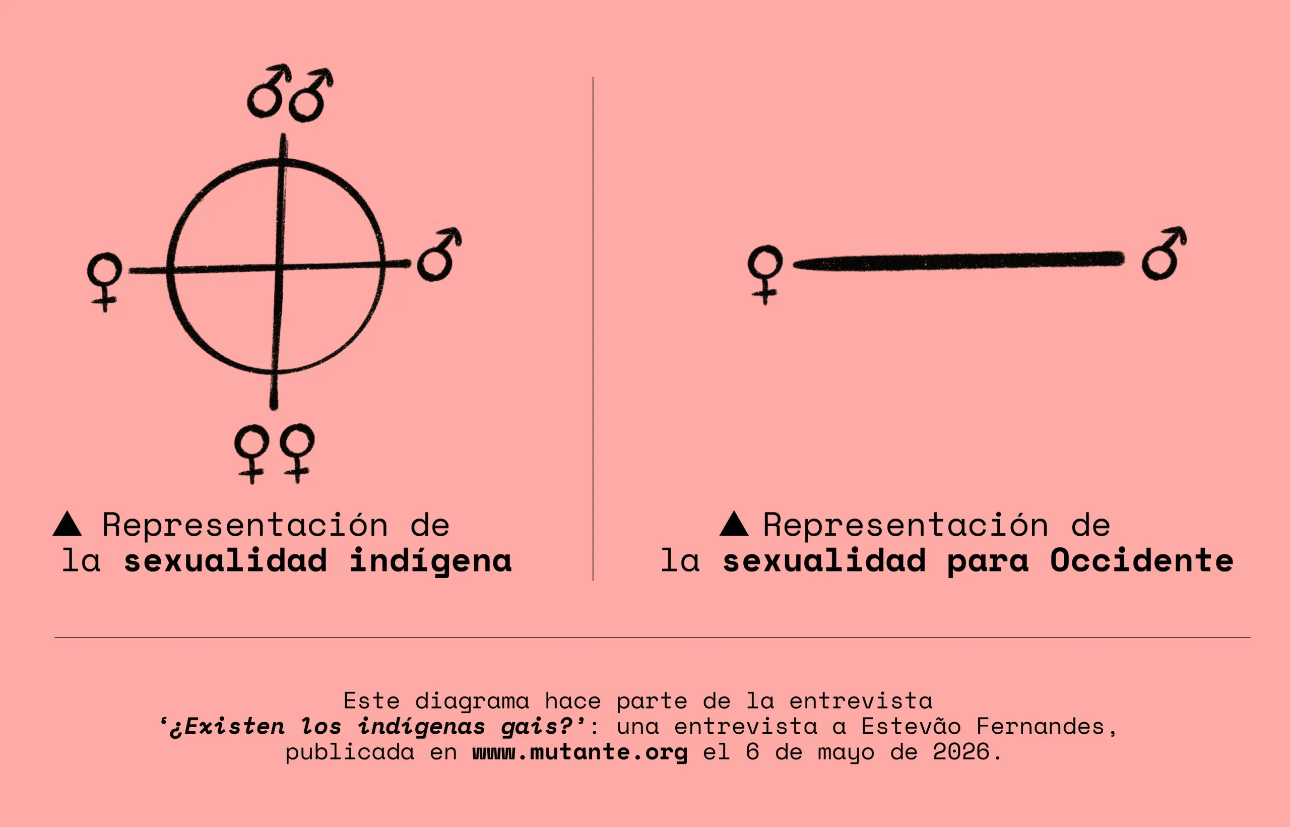 Representación de la sexualidad indígena (izq) y la representación de la sexualidad para Occidente (der).Este diagrama hace parte de la entrevista ‘¿Existen los indígenas gais?’: una entrevista a Estevão Fernandes, publicada en www.mutante.org el 6 de mayo de 2026.