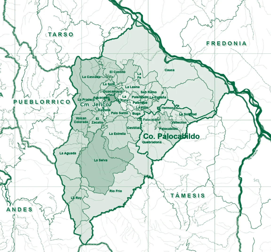 Mapa de las veredas de Jericó. El corregimiento de Palocabildo tiene cinco veredas y está ubicado al oriente, en uno de los límites del municipio con el río Cauca.