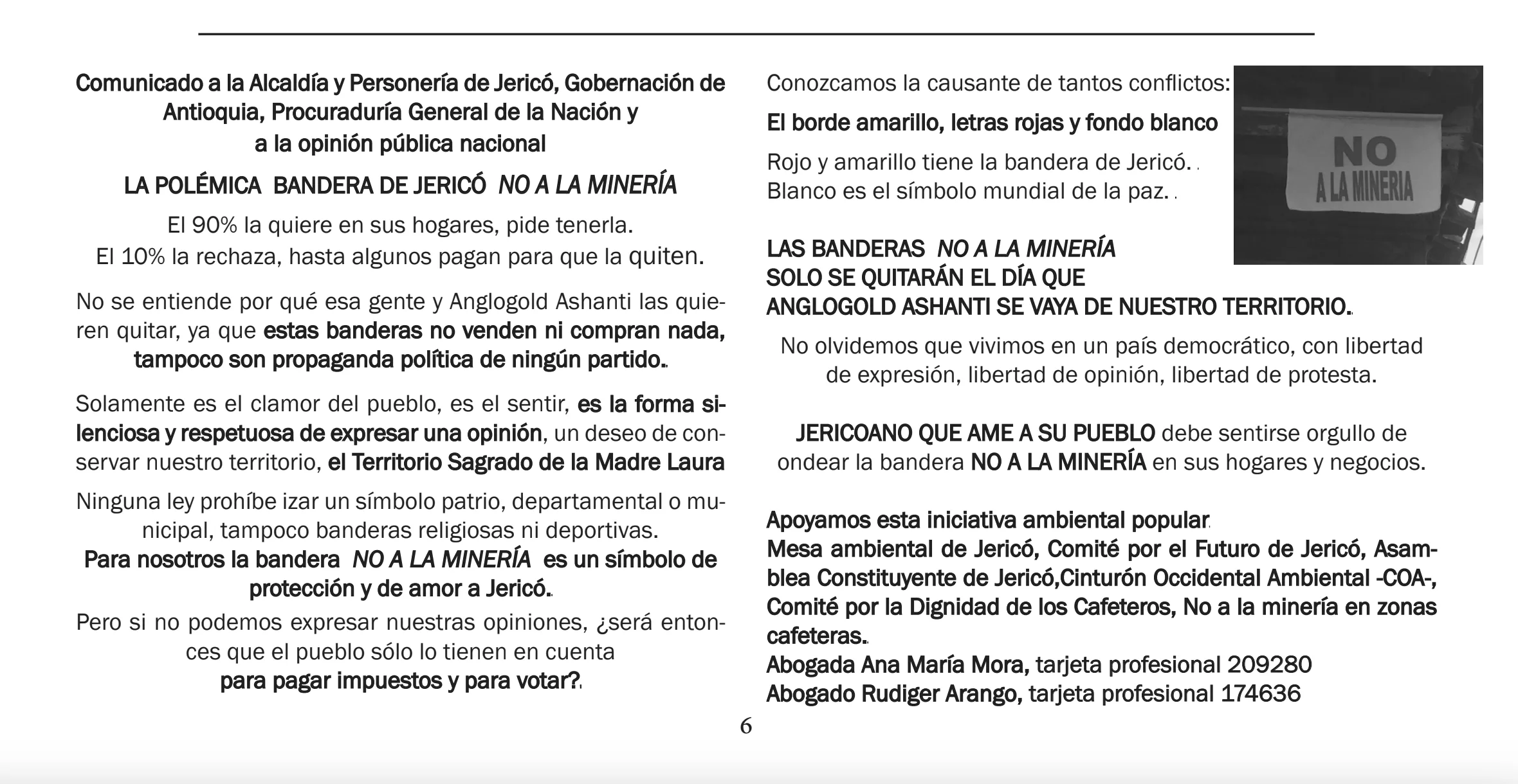Comunicado La polémica bandera de Jericó ‘No a la minería’, publicado en la primera edición del periódico Despierta Jericó, en febrero de 2013.