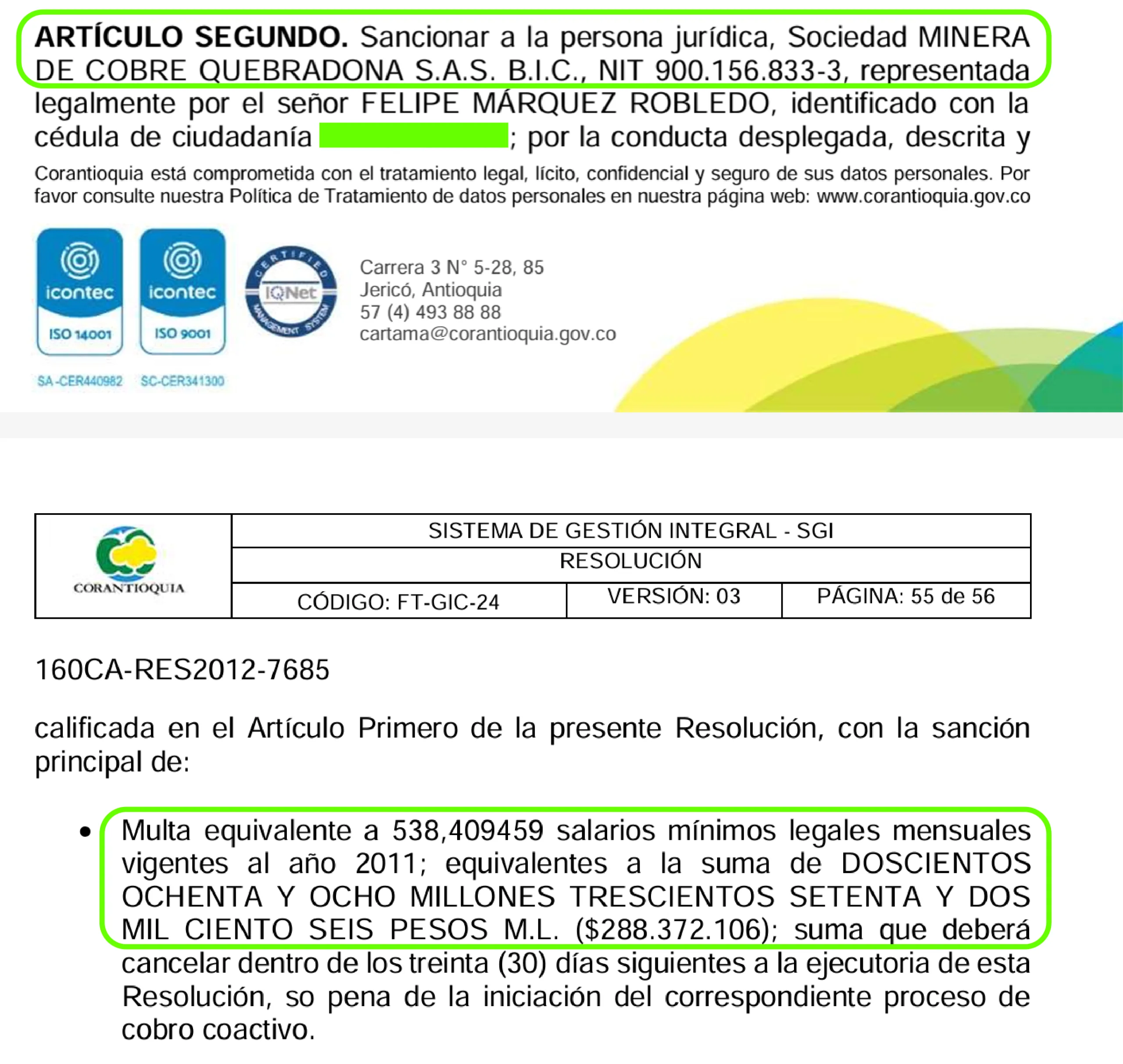 Pantallazo de la sanción que Corantioquia impuso a Minera de Cobre Quebradona, el megaproyecto minero de AngloGold Ashanti en Jericó, el 31 de diciembre de 2020.